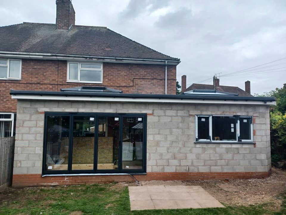 Rear extension shell in blockwork with bi-fold doors fitted, Eccleshall