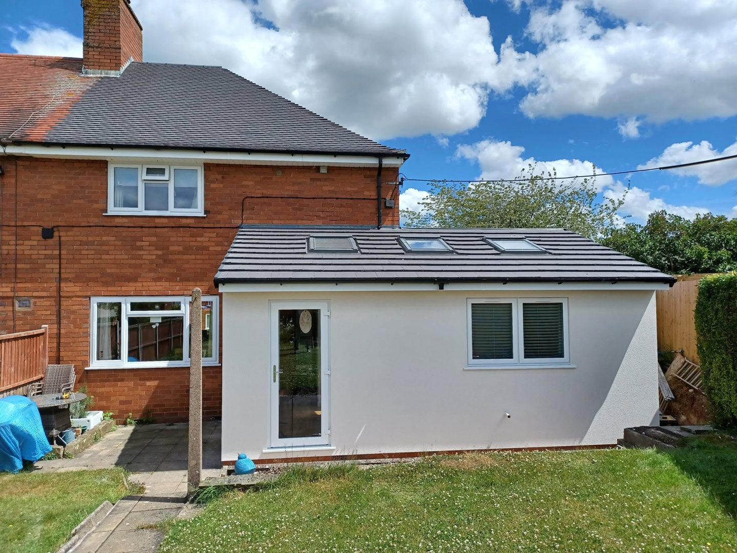 Finished rendered kitchen extension with three roof windows, Eccleshall